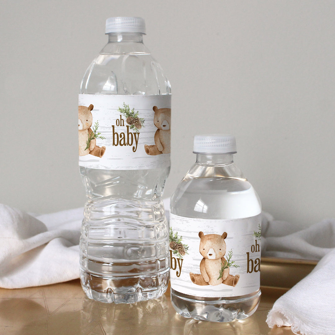 Woodland Bear: Etiquetas para botellas de agua para baby shower, 24 pegatinas