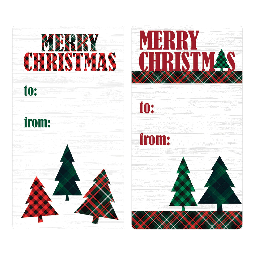 Etiquetas adhesivas de regalo de Navidad: Árboles de Navidad clásicos a cuadros - 75 pegatinas