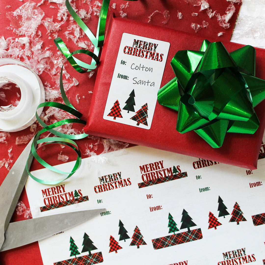 Etiquetas adhesivas de regalo de Navidad: Árboles de Navidad clásicos a cuadros - 75 pegatinas