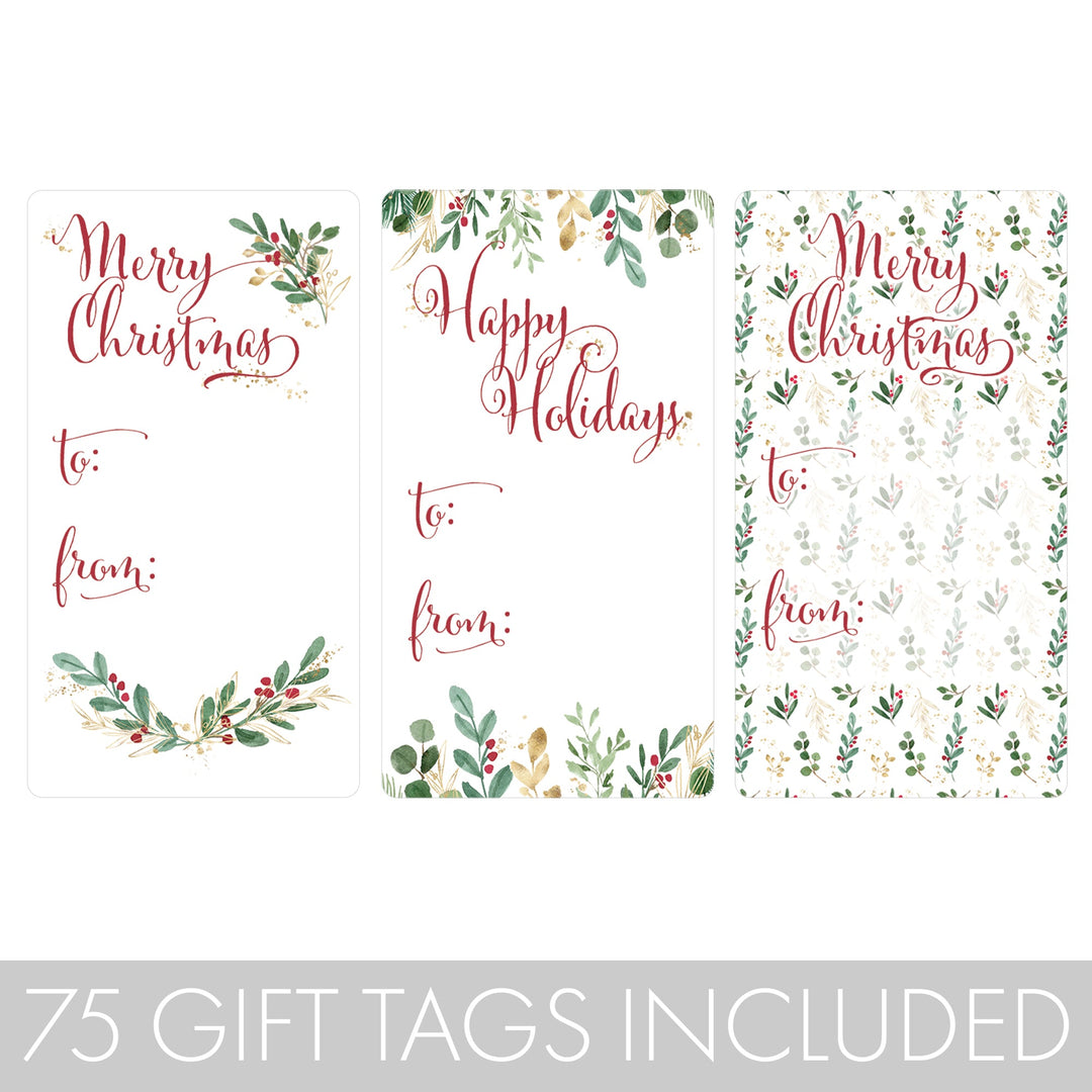 Christmas Gift Tag Stickers: Classic Holly and Greenery - 75 Stickers
