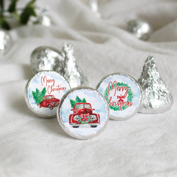 Vintage Red Truck: Christmas Party -Favor Labels - Fits on Hershey Kisses 180 Stickers