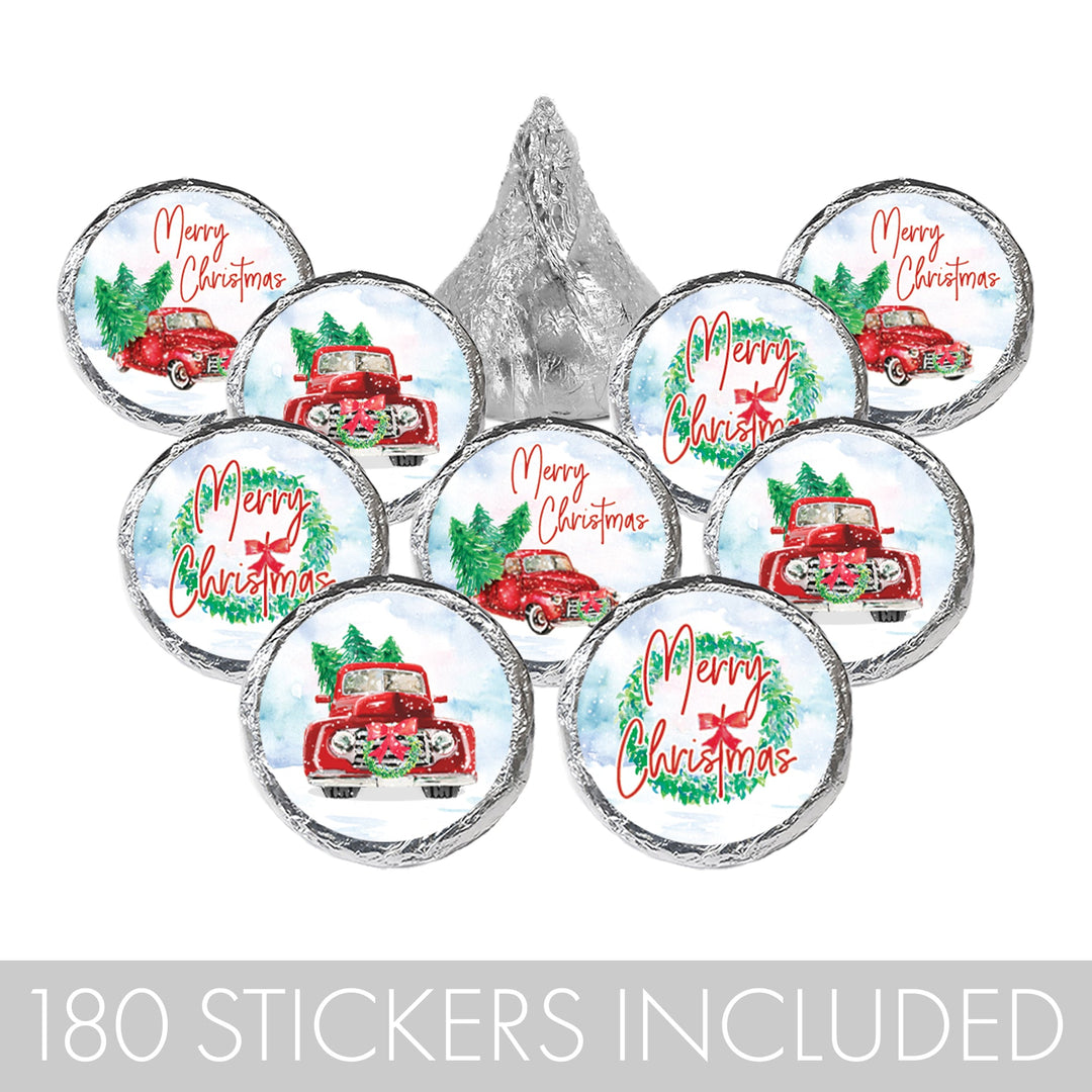 Vintage Red Truck: Christmas Party -Favor Labels - Fits on Hershey Kisses 180 Stickers