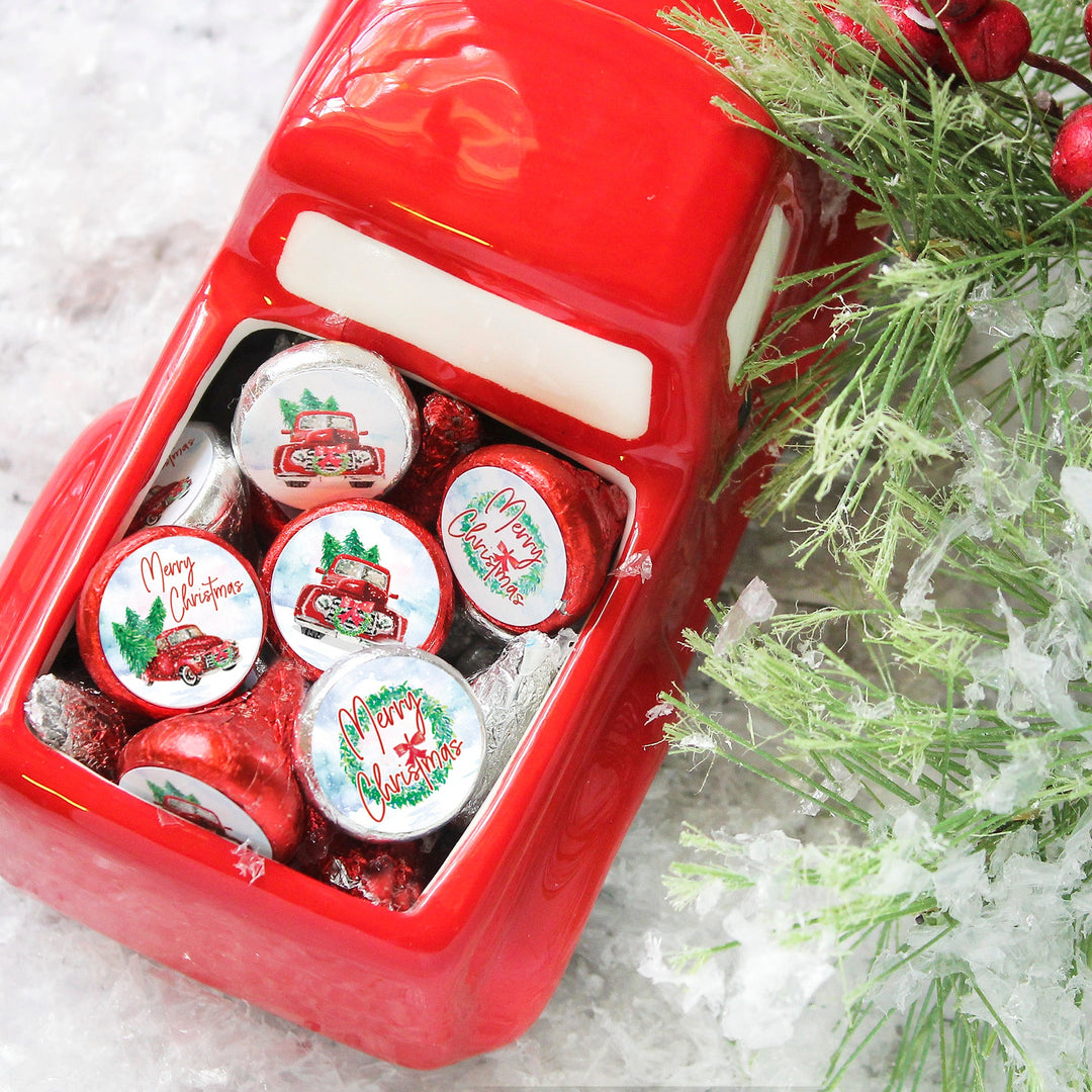 Vintage Red Truck: Fiesta de Navidad - Etiquetas de recuerdo - Se adapta a Hershey Kisses 180 pegatinas