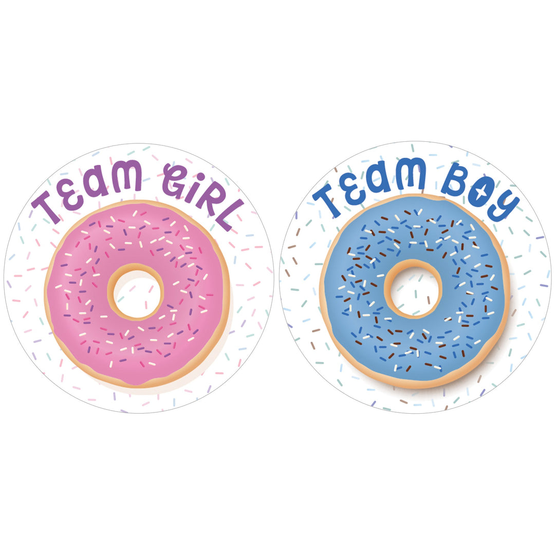 Fiesta de revelación de género de donuts, pegatinas de equipo para niño o equipo de niña, 40 pegatinas