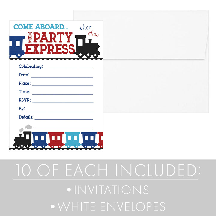 Train: Kid's Birthday Party Invitations - All Aboard the Birthday Express - 10 Cards with Envelopes