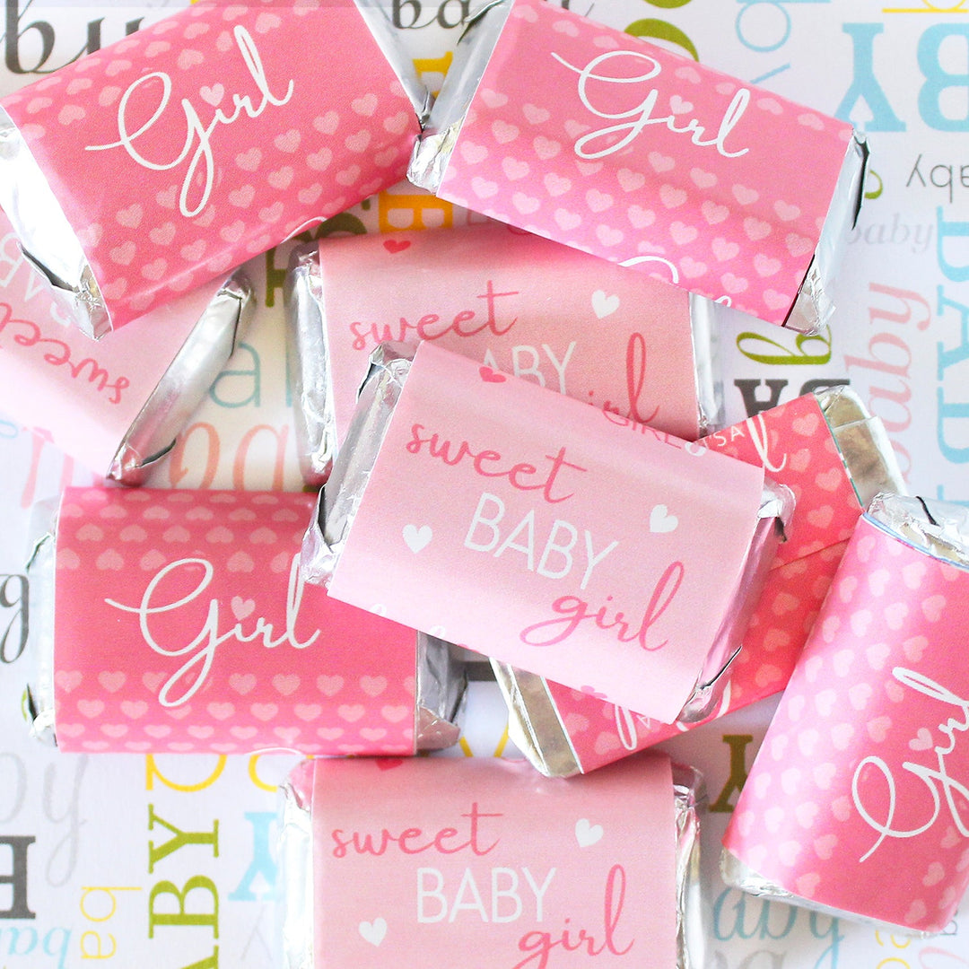 Sweet Baby Girl: Rosa - Mini etiquetas para barra de dulces para baby shower - 45 pegatinas