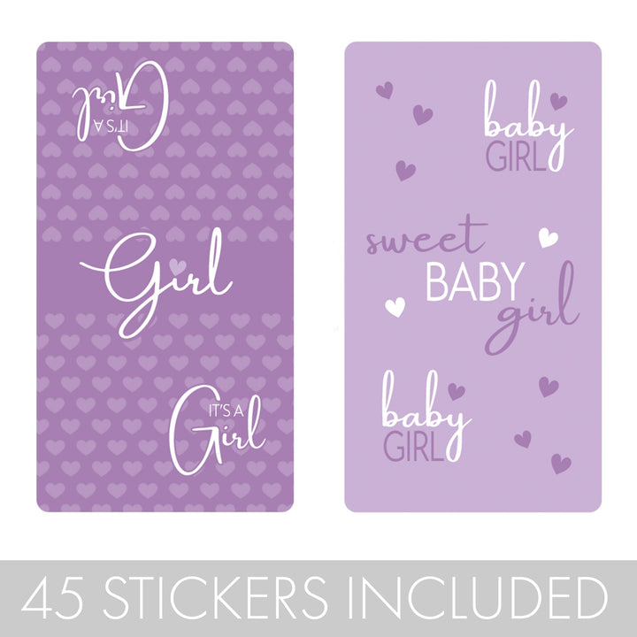 Sweet Baby Girl: Púrpura - Mini etiquetas para barra de dulces para baby shower - 45 pegatinas
