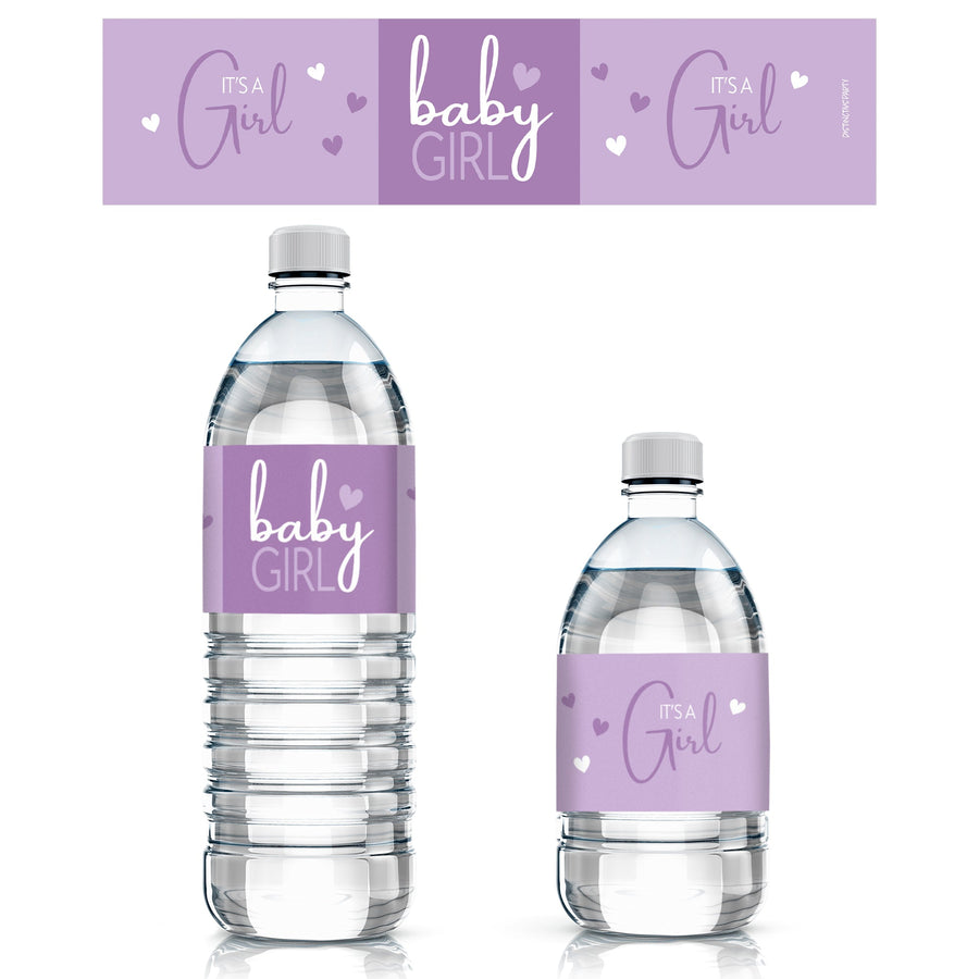 Purple It’s a Girl Baby Shower Water Bottle Labels - 24 Stickers