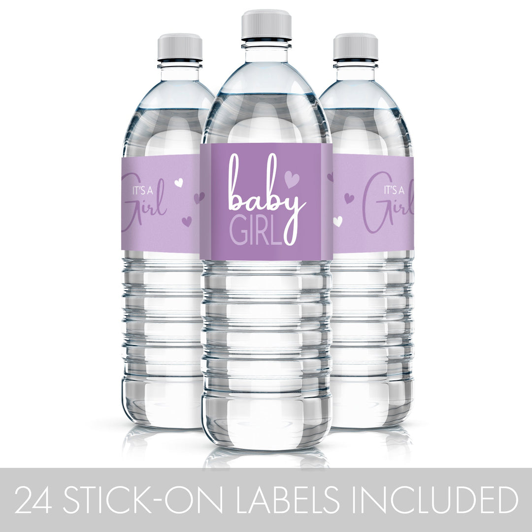 water bottle labels in purple for baby girl shower