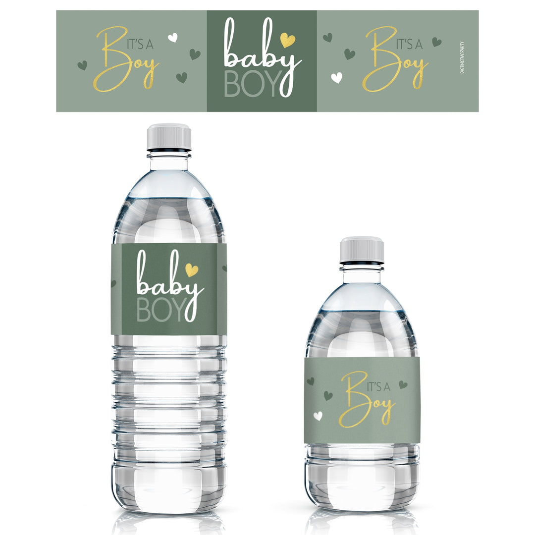 Sweet Baby Boy: Verde - Etiquetas para botellas de agua para baby shower It's a Boy - 24 pegatinas impermeables