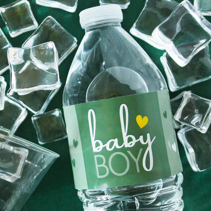 Sweet Baby Boy: Verde - Etiquetas para botellas de agua para baby shower It's a Boy - 24 pegatinas impermeables