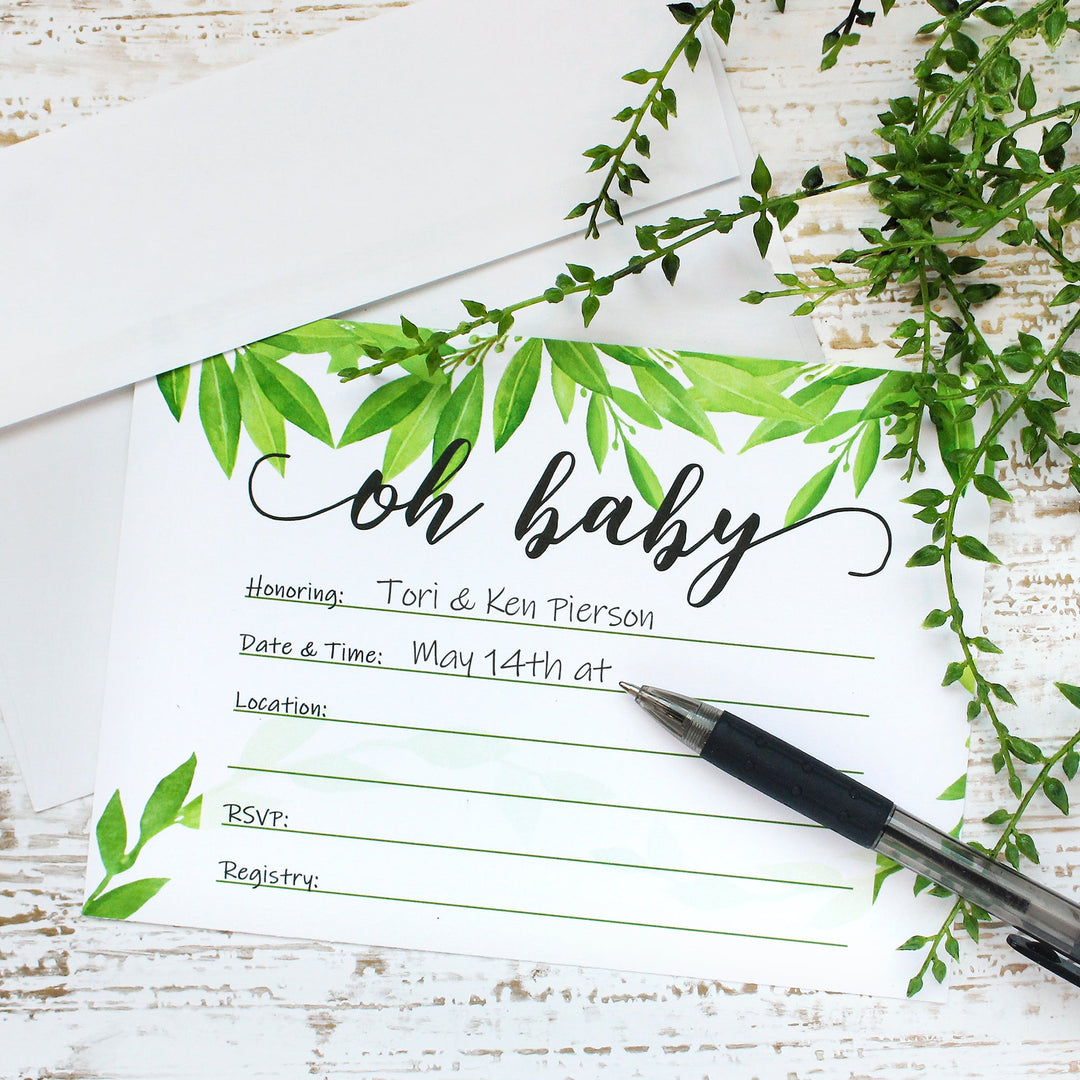 Greenery: Baby Shower Party Invitations – 10 Cards