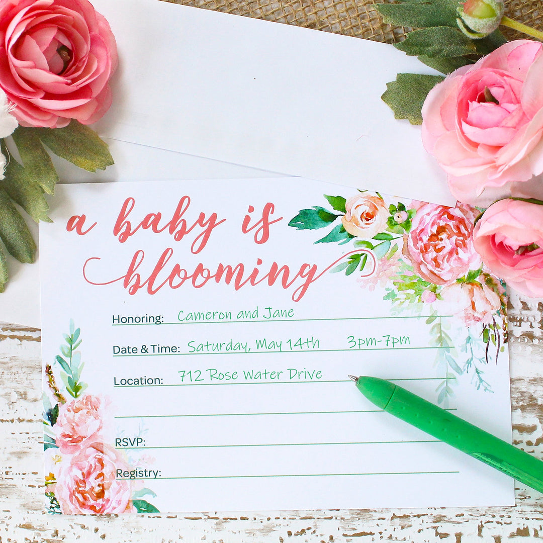 Pink Floral: Baby Shower - Invitaciones "A Baby is Blooming" - Primavera, Niña - Paquete de 10