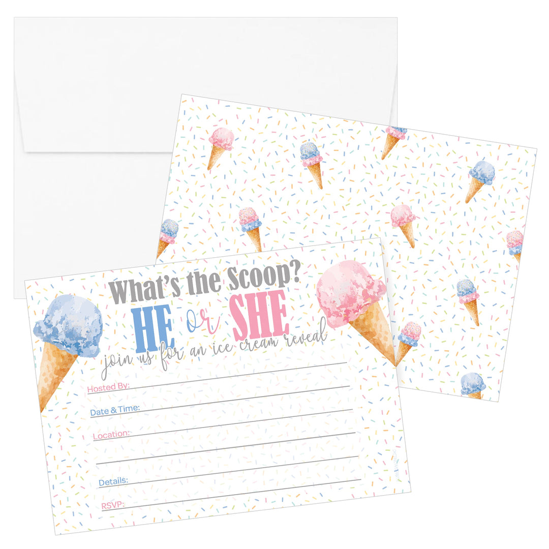 What's the Scoop: Ice Cream - Gender Reveal Party - Invitations – 10 Pack