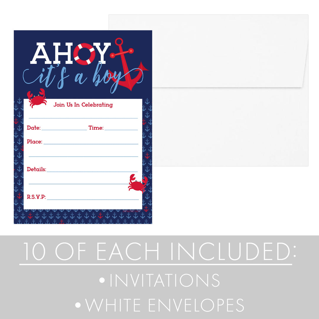 Ahoy It's a Boy:  Baby Shower Party Invitations – 10 Cards