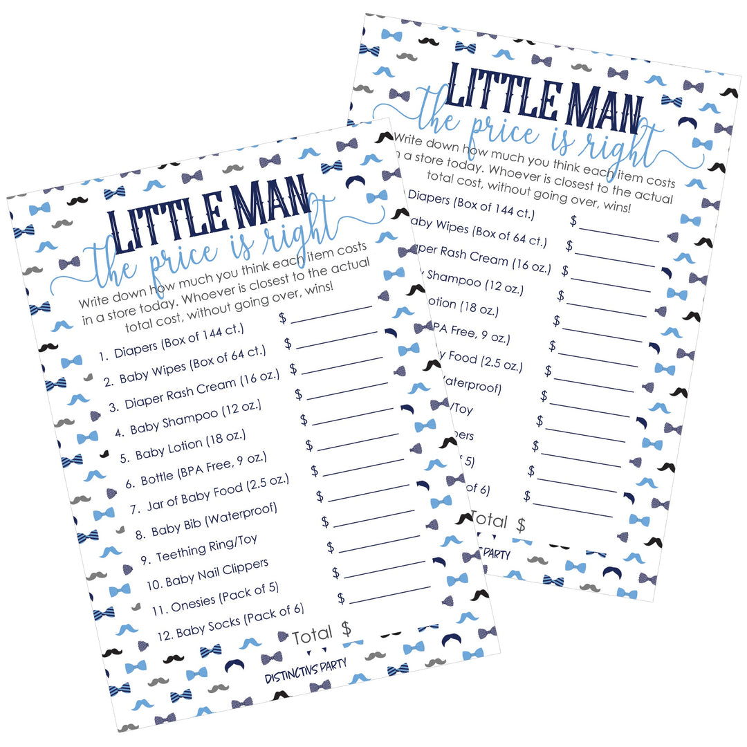 Little Man: Baby Shower Game - Tarjetas de juego Baby Shower Price is Right - Niño, pajarita - 20 cartas