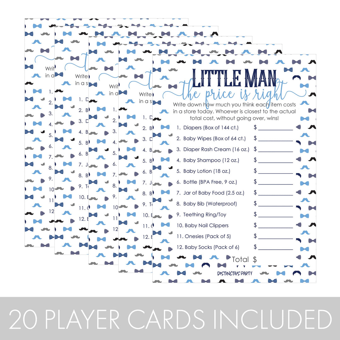 Little Man: Baby Shower Game - Tarjetas de juego Baby Shower Price is Right - Niño, pajarita - 20 cartas