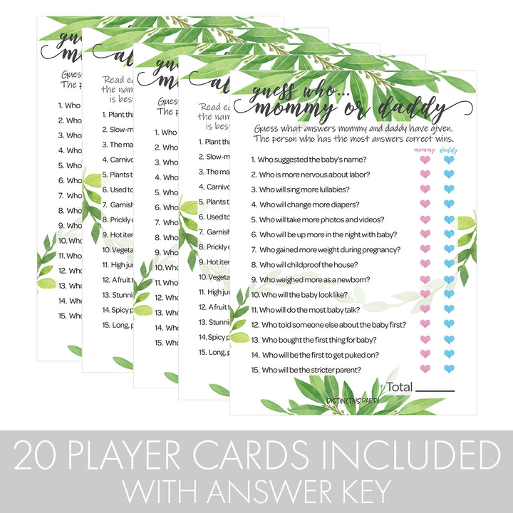 Greenery: Juego de baby shower - "Adivina quién" mamá o papá y todas las cosas verdes - Paquete de dos juegos - 20 tarjetas de doble cara
