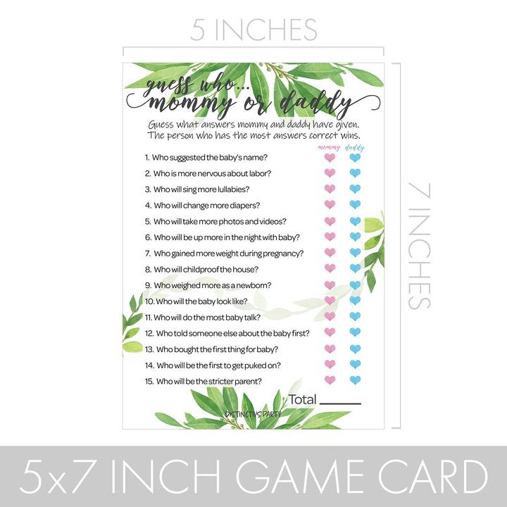 Greenery: Baby Shower Game -  "Guess Who" Mommy or Daddy and All Things Green - Two Game Bundle - 20 Dual Sided Cards