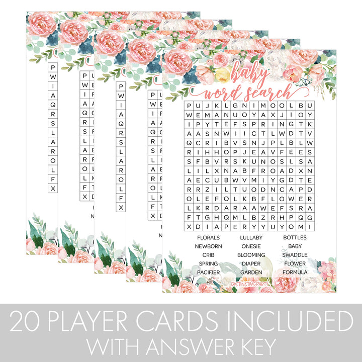 Pink Floral: Baby Shower Game - Word Search - Spring, Girl - 20 Cards