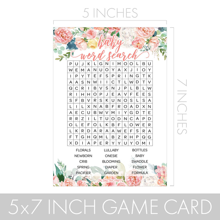 Pink Floral: Baby Shower Game - Word Search - Spring, Girl - 20 Cards