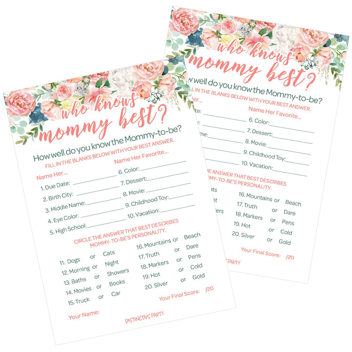 Pink Floral: Baby Shower Game - Who Knows Mommy Best - Spring, Girl -  20 Cards