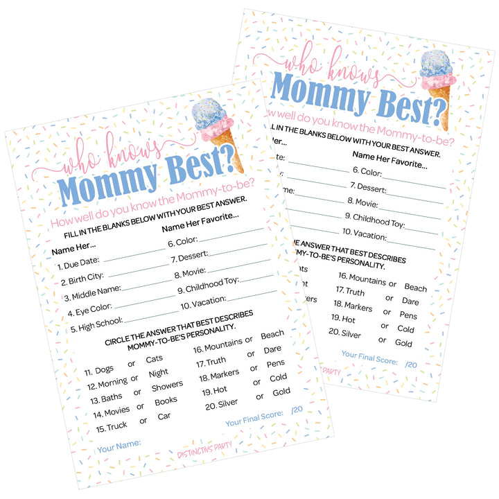 What's the Scoop:  Ice Cream - Gender Reveal Party Game -  Who Knows Mommy Best - 20 Cards