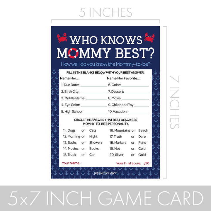 Ahoy It's a Boy: Baby Shower Game - Who Knows Mommy Best Game Cards - 20 Cards