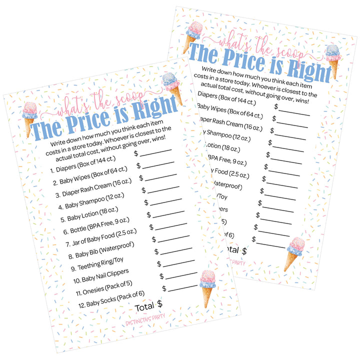 What's the Scoop:  Ice Cream - Gender Reveal Party Game - Price is Right - 20 Cards
