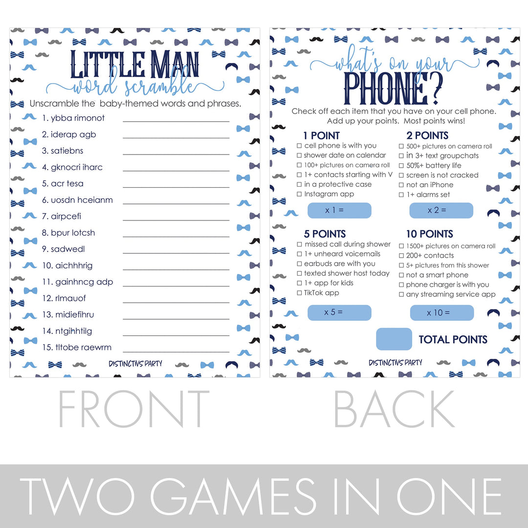 Little Man: Baby Shower Game - Qué hay en tu teléfono y Word Scramble - Paquete de dos juegos - Niño, pajarita - 20 tarjetas de doble cara