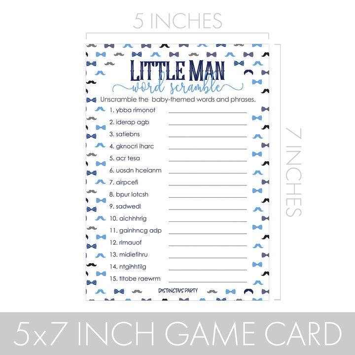 Little Man: Baby Shower Game - Qué hay en tu teléfono y Word Scramble - Paquete de dos juegos - Niño, pajarita - 20 tarjetas de doble cara