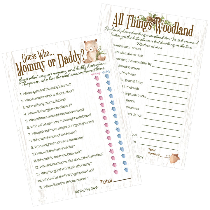 Woodland Bear: Baby Shower Two Game Bundle - Guess Who Mommy or Daddy and All Things Woodland - 20 Dual Sided Cards