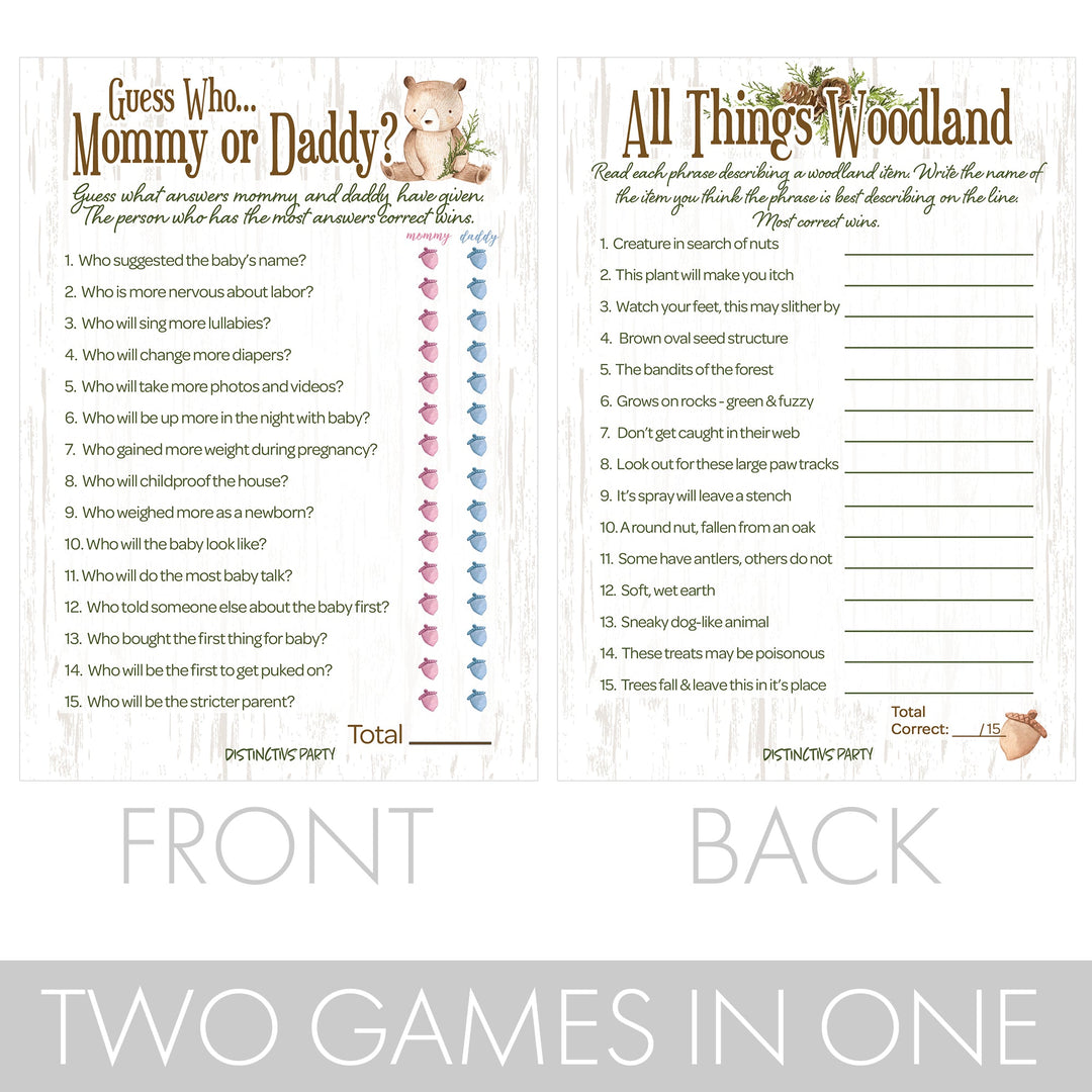 Woodland Bear: Paquete de dos juegos para baby shower – Adivina quién mamá o papá y todas las cosas Woodland – 20 tarjetas de doble cara