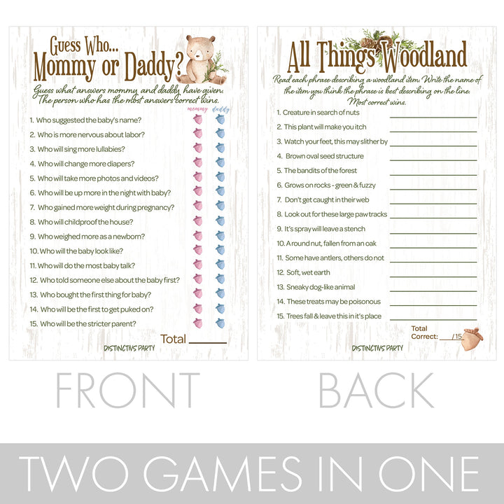 Woodland Bear: Paquete de dos juegos para baby shower – Adivina quién mamá o papá y todas las cosas Woodland – 20 tarjetas de doble cara