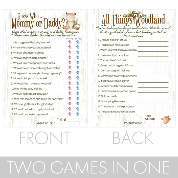 Woodland Bear: Baby Shower Two Game Bundle - Guess Who Mommy or Daddy and All Things Woodland - 20 Dual Sided Cards