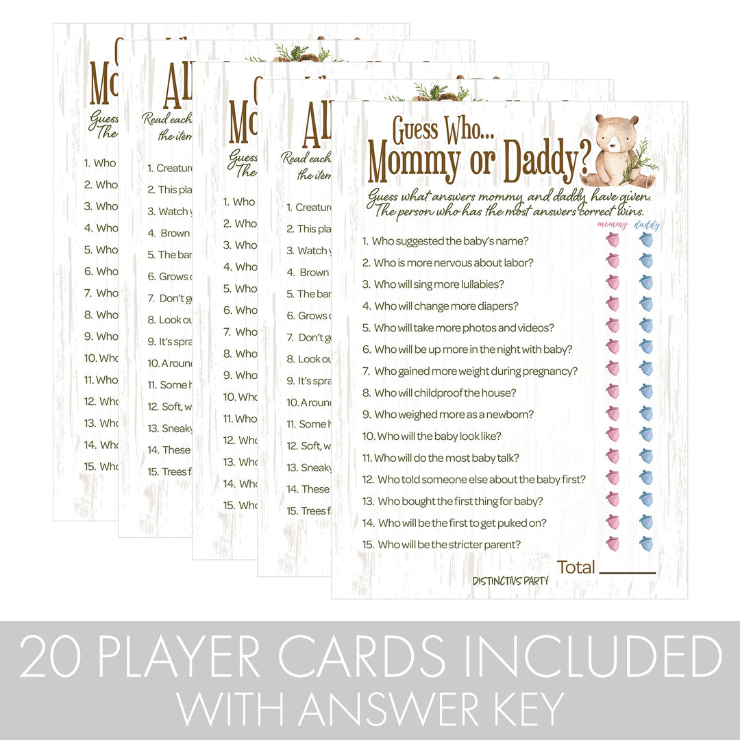 Woodland Bear: Baby Shower Two Game Bundle - Guess Who Mommy or Daddy and All Things Woodland - 20 Dual Sided Cards