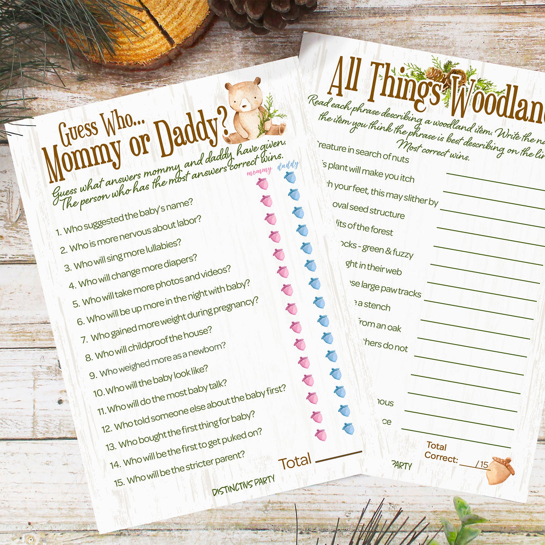 Woodland Bear: Baby Shower Two Game Bundle - Guess Who Mommy or Daddy and All Things Woodland - 20 Dual Sided Cards