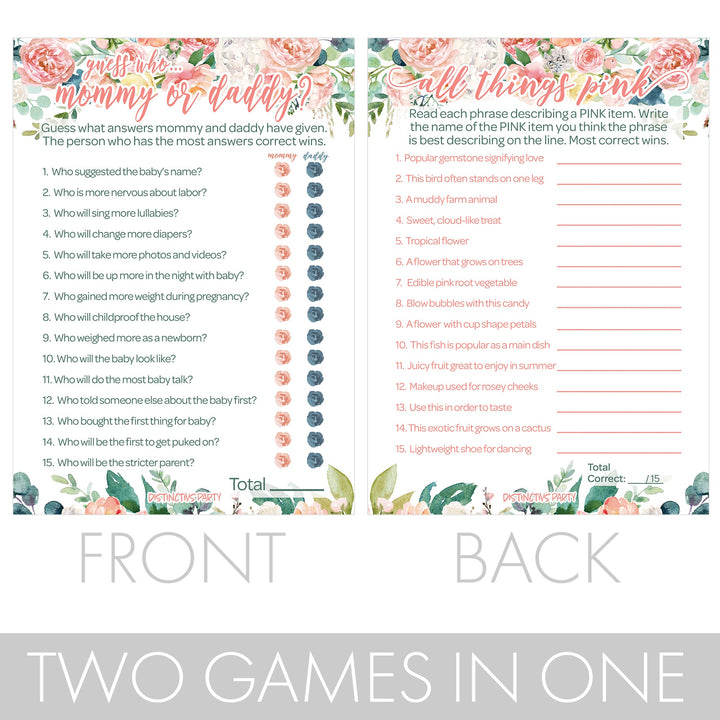 Pink Floral: Baby Shower Game - "Guess Who" Mommy or Daddy and All Things Pink - Two Game Bundle - Spring, Girl - 20 Dual Sided Cards