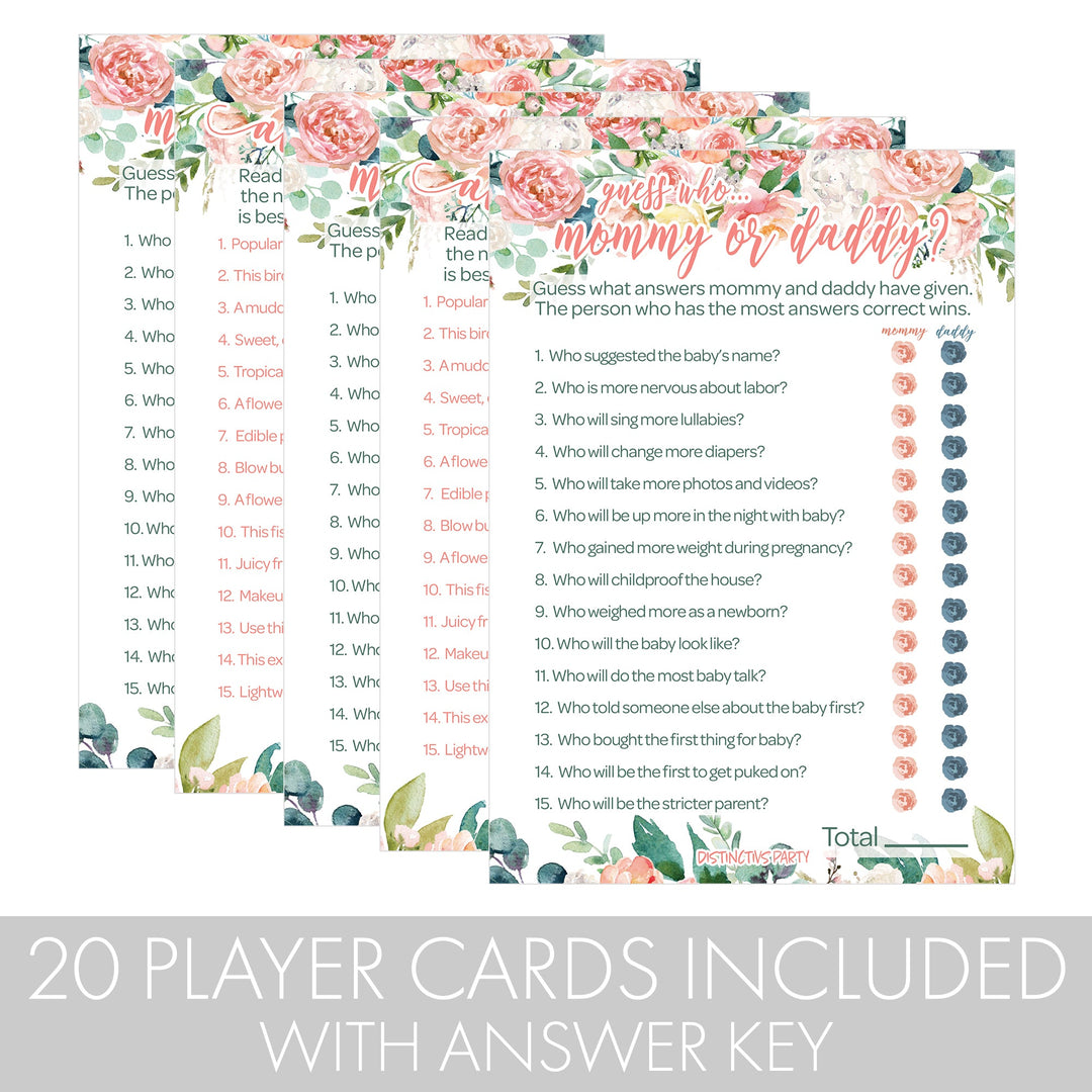 Pink Floral: Juego de baby shower - "Adivina quién" mamá o papá y todo rosa - Paquete de dos juegos - Primavera, niña - 20 tarjetas de doble cara
