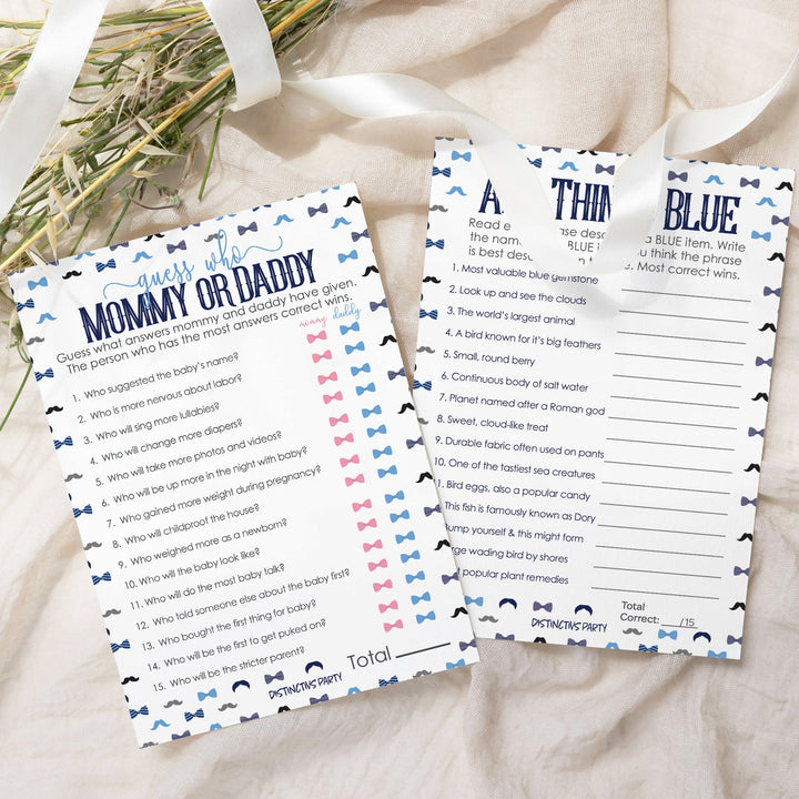 Little Man: Baby Shower Game - "Guess Who" Mommy or Daddy and All Things Blue - Two Game Bundle - Boy, Bowtie - 20 Dual Sided Cards