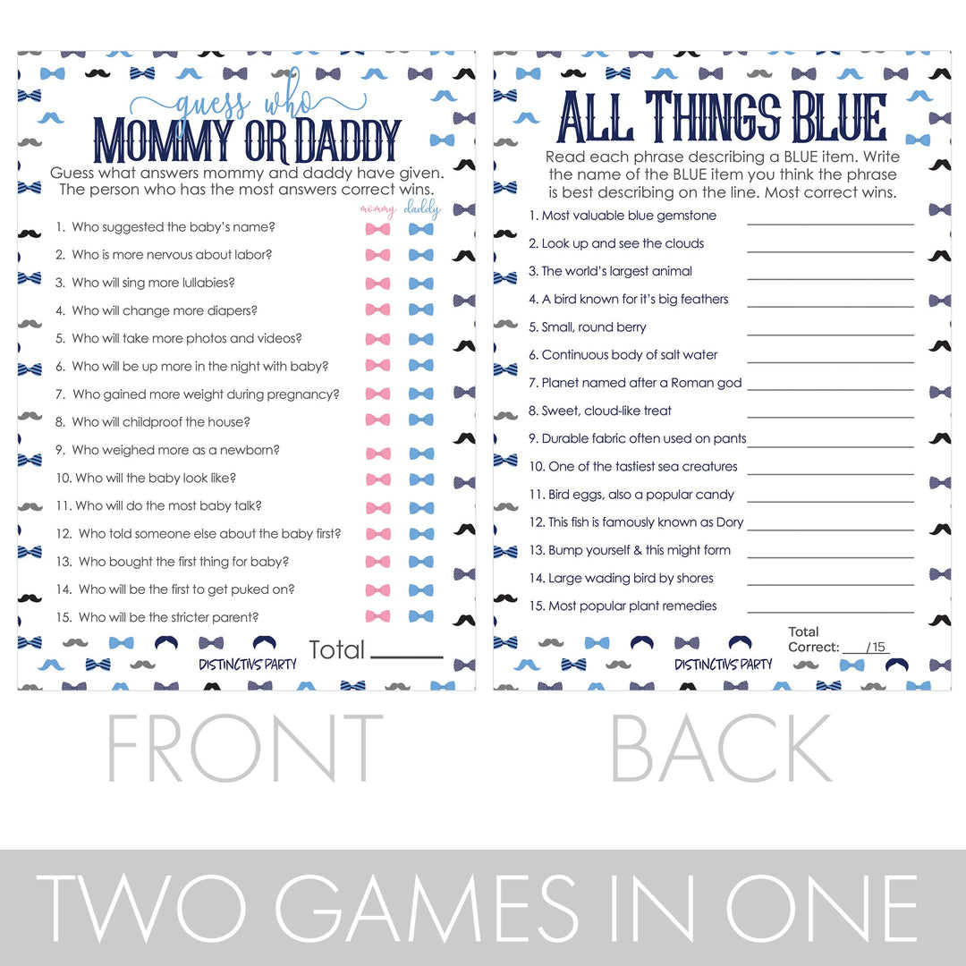 Little Man: Baby Shower Game - "Guess Who" Mommy or Daddy and All Things Blue - Paquete de dos juegos - Niño, pajarita - 20 tarjetas de doble cara