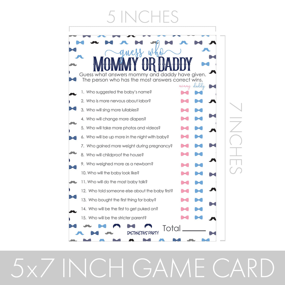 Little Man: Baby Shower Game - "Guess Who" Mommy or Daddy and All Things Blue - Paquete de dos juegos - Niño, pajarita - 20 tarjetas de doble cara