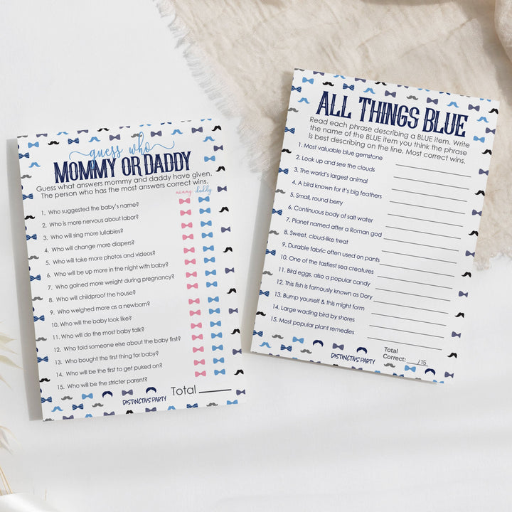Little Man: Baby Shower Game - "Guess Who" Mommy or Daddy and All Things Blue - Two Game Bundle - Boy, Bowtie - 20 Dual Sided Cards