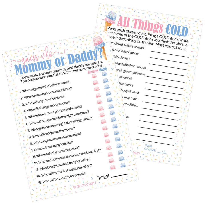 What's the Scoop:  Ice Cream - Gender Reveal Party Game - "Guess Who" Mommy or Daddy and All Things Cold  Two Game Bundle - 20 Dual Sided Cards