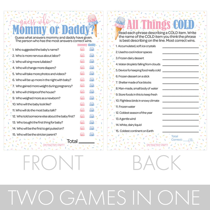 What's the Scoop:  Ice Cream - Gender Reveal Party Game - "Guess Who" Mommy or Daddy and All Things Cold  Two Game Bundle - 20 Dual Sided Cards