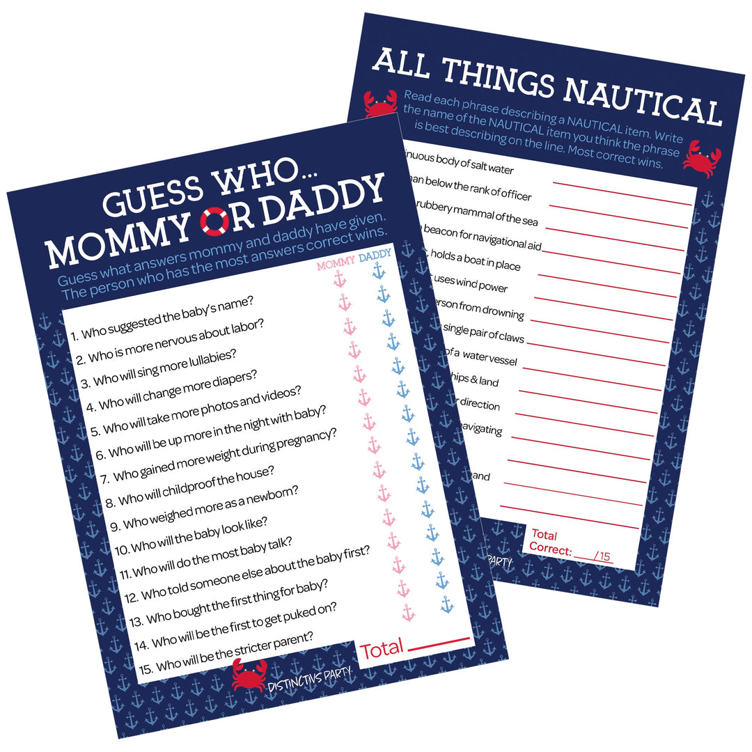 Ahoy It's a Boy: Baby Shower Game - "Guess Who" Mommy or Daddy and All Things Nautical - Paquete de dos juegos - 20 tarjetas de doble cara