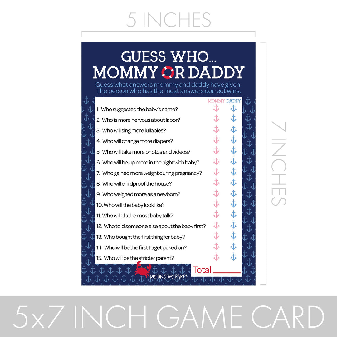 Ahoy It's a Boy: Baby Shower Game - "Guess Who" Mommy or Daddy and All Things Nautical -  Two Game Bundle - 20 Dual Sided Cards