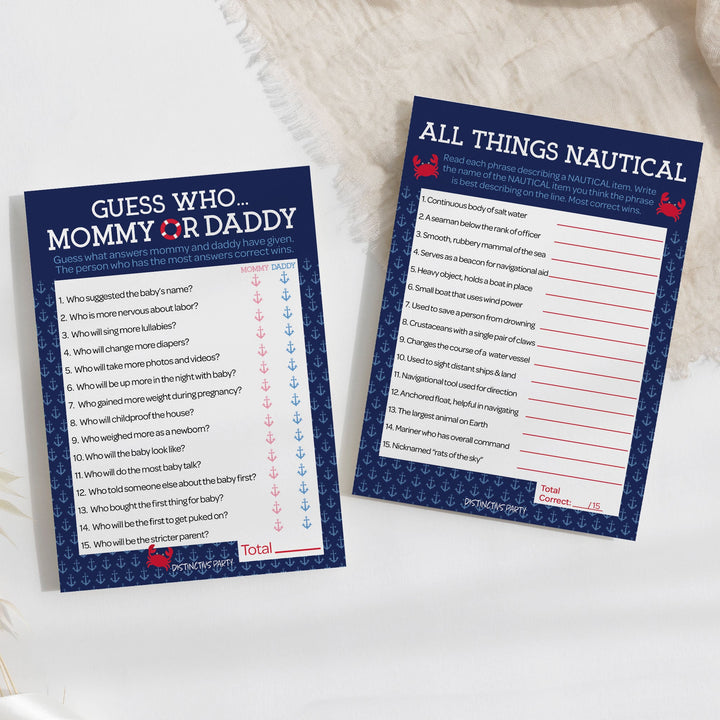 Ahoy It's a Boy: Baby Shower Game - "Guess Who" Mommy or Daddy and All Things Nautical -  Two Game Bundle - 20 Dual Sided Cards