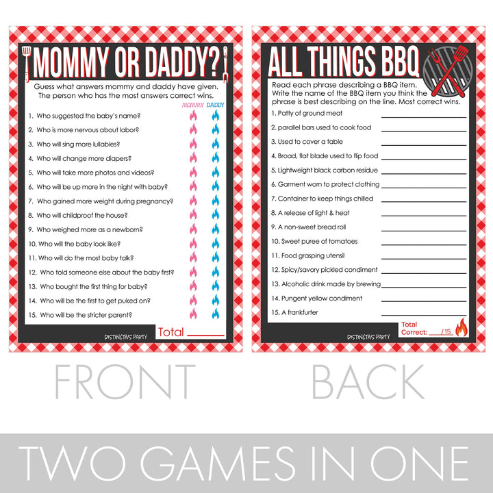 Baby-Q: Juegos de baby shower de barbacoa de verano - Adivina quién mamá o papá y todo lo relacionado con la barbacoa - Paquete de dos juegos - 20 tarjetas de doble cara