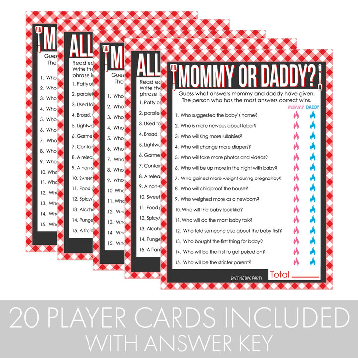 Baby-Q: Juegos de baby shower de barbacoa de verano - Adivina quién mamá o papá y todo lo relacionado con la barbacoa - Paquete de dos juegos - 20 tarjetas de doble cara